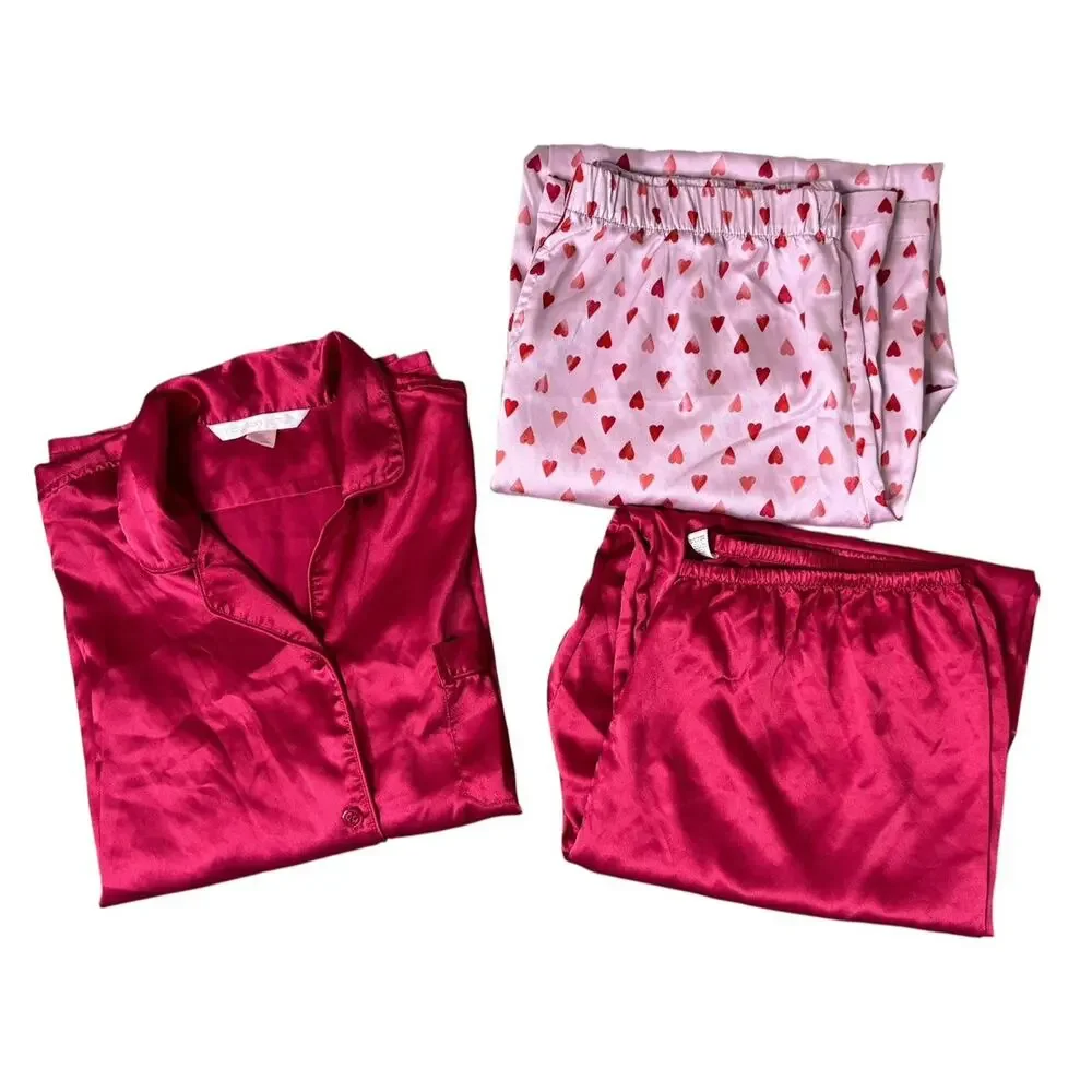 VICTORIA’S SECRET Silky Satin Red Hot Hearts Pajamas Matching Set Bundle Size M - Picture 2 of 9